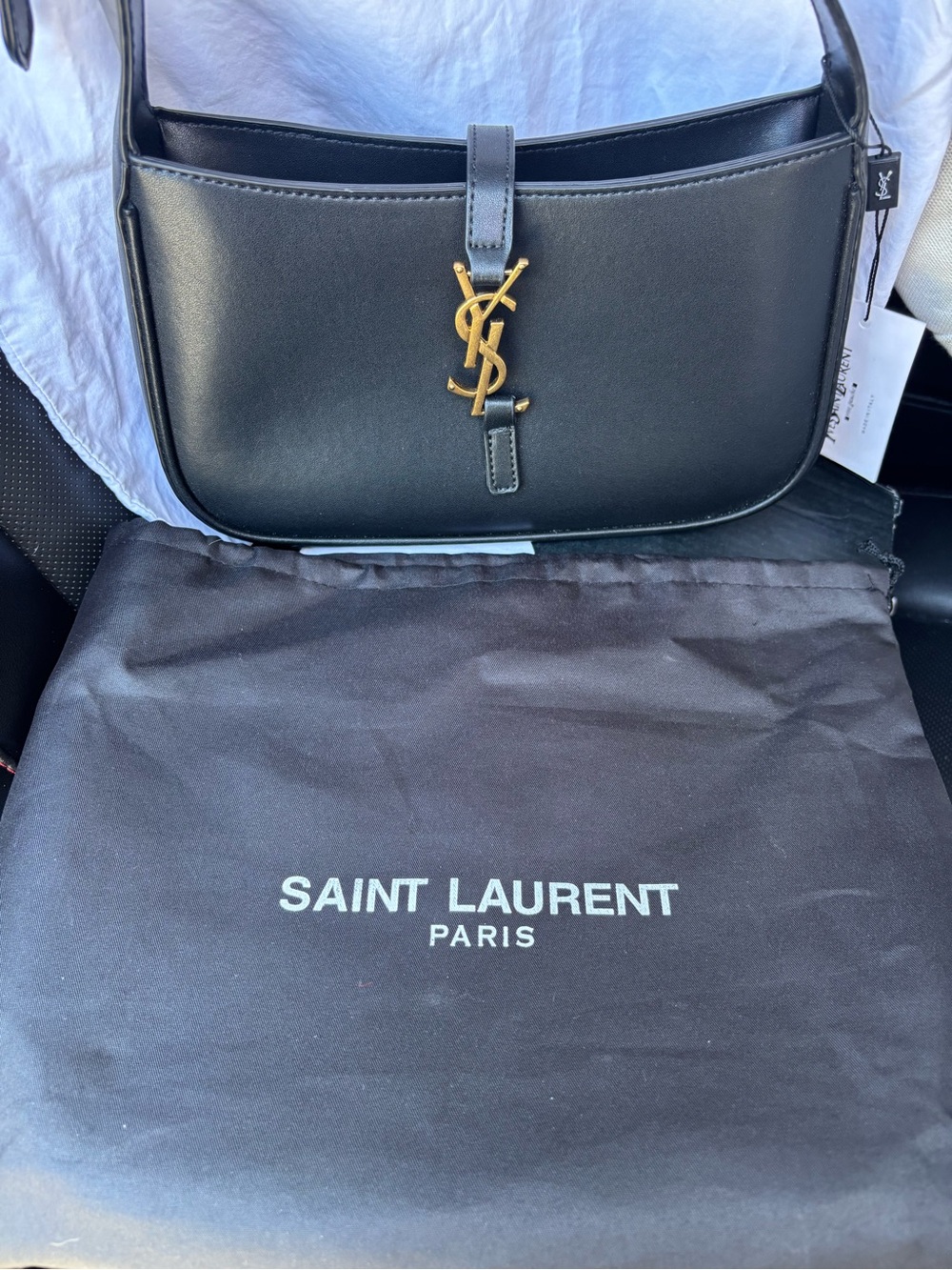 Saint Laurent Black Leather Shoulder Bag with Gold YSL Emblem
